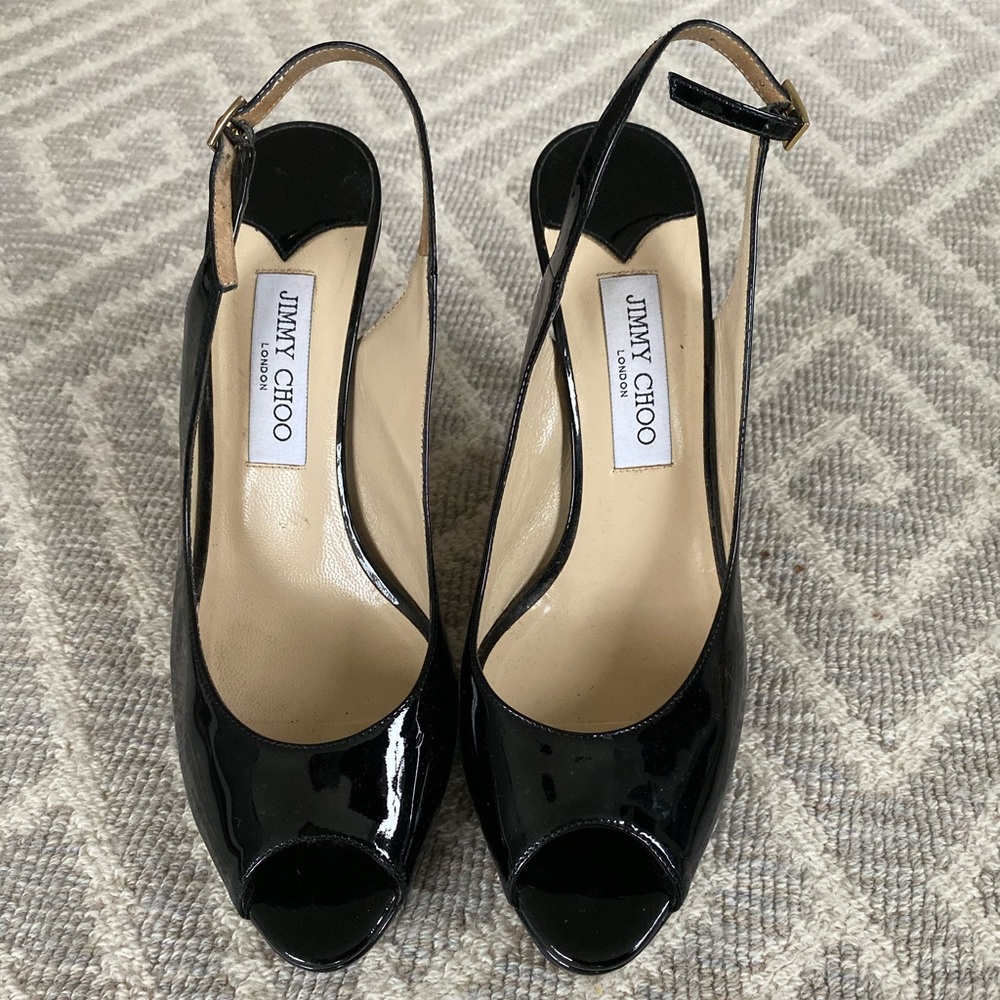 Jimmy Choo black patent peep toe shoes